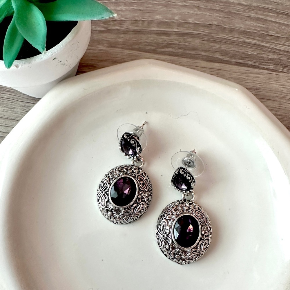2/$30🌵 Purple Stone Filigree Silver Oval Earrings Jewelry Gothic Victorian NEW